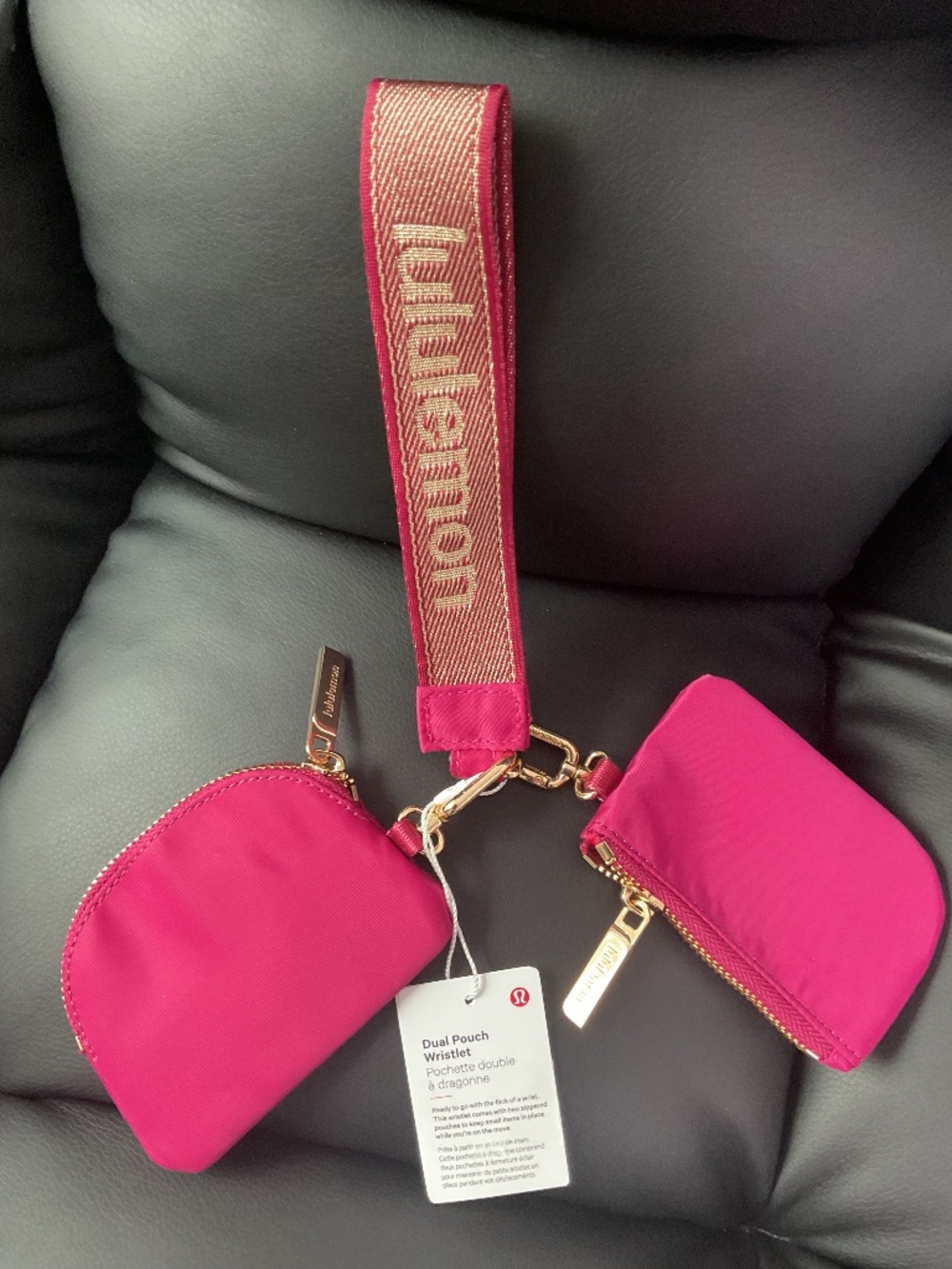 Lululemon Dual Pouch Wristlet Metallic Wordmark Berry Rumble Pink Gold NWT